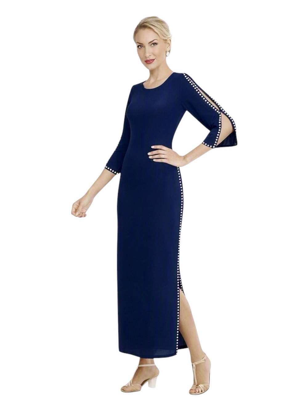 Midnight Velvet Pearl Trim Jersey Knit Gown Navy Maxi Cocktail Party Dress